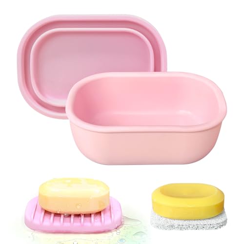 Leakproof Silicone Travel Soap Case with Drainage Layer, Silicone Bar Soap Holder Compact Portable Shatterproof Soap Container Box for Bathroom Gym Camp Travel Toiletries (Pink, Clear Lid) - color: Pink, size: Clear Lid