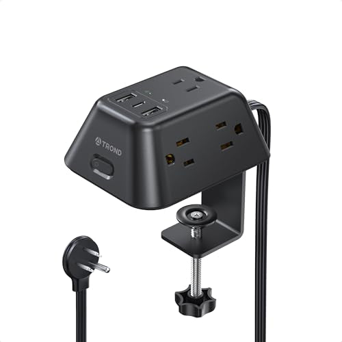 TROND Desk Clamp Power Strip with 5 AC Outlets and 3 USB Ports, Black | Desk Mount Charging Station, Fit 1.97in Tabletop Edge Thick, 1440J, 6FT Extension Cord, for Home Office Gaming Accessories - color: Black, size: 6FT (2U1C)