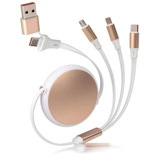 120W Fast Multi Charging Cable, 6 in 1 Retractable Charger (White Golden) | 5A Fast Charging | 6 in 1 Retractable | L Port USB C Micro | Durable Braided | Adjustable 10.2 to 44.1 in | Data sync USB C - color: White Golden