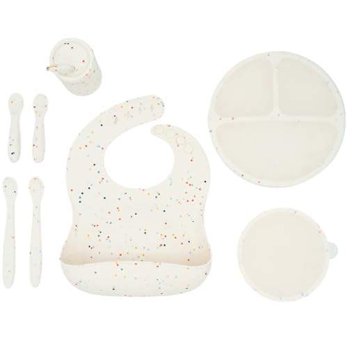 WeeSprout Baby Led Weaning Bundle, Silicone Suction Bowl, Spoons, Bib & Cup, Develops Self Feeding Skills, Dishwasher Safe (Confetti) - color: Confetti