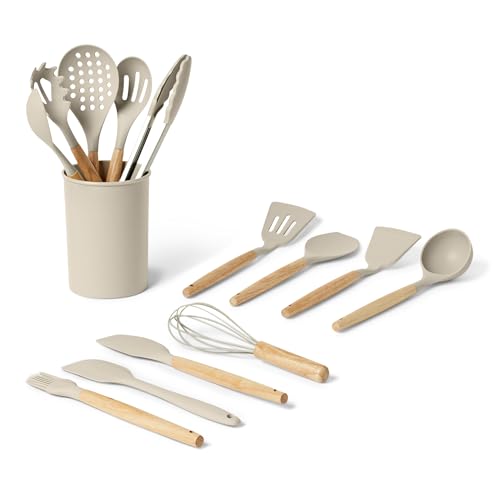 Amazon Basics Silicone Cooking Utensils Set with Wooden Handle, 14-Piece, BPA-Free, Utensil Holder Included, Linen Gray