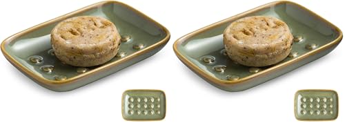 Soap Dish for Shower, Ceramic Soap Dish for Large Soap Bars, Non-Slip Soap Holder & Saver Tray with Floating Point Design for Bathroom, Shower, Kitchen Sink, Save Soap Loss (Pack of 2) - color: Green, size: Floating Point Design (Pack of 2)