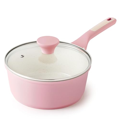 SENSARTE Ceramic Nonstick Saucepan with Lid 1.5 QT, PTFE/PFAS Free, Pink | Small Kitchen Cooking Pot with Stay Cool Handle, Induction Compatible, Ceramic Coating - color: Sakura Pink, size: 1.5 Quarts