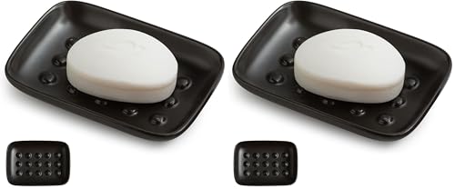 Miamolo Soap Dish, Ceramic Soap Holder Shower Soap Dish for Bar Soap Sponge, Soap Saver Tray for Bathroom Kitchen Sink, Black (Pack of 2) - color: Black, size: Floating Point Design (Pack of 2)
