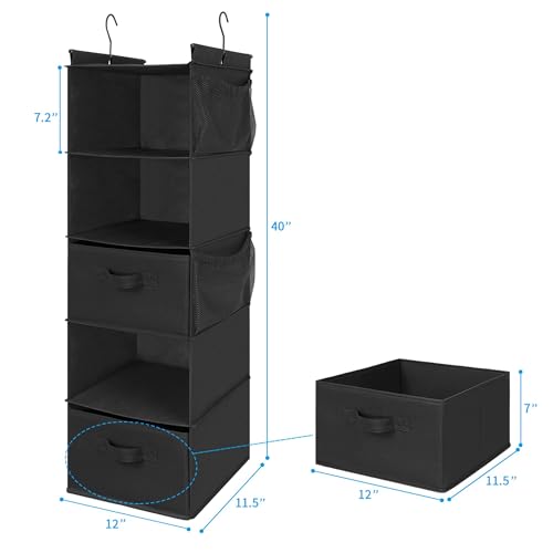 MAX Houser 5-Shelf Hanging Closet Organizer with 2 Drawers, Black-D2 | Foldable Fabric Hanging Shelves for Closet, Cloth Hanging Shelves with 2 sturdy hanging hooks, Small Space Saver - color: Black-d2