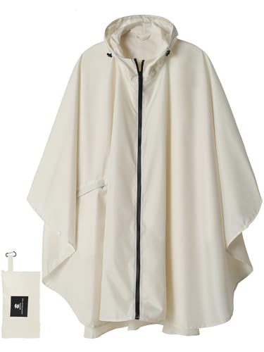SaphiRose Adult Rain Poncho Waterproof Hooded Zipper Raincoat with Pockets - color: Beige