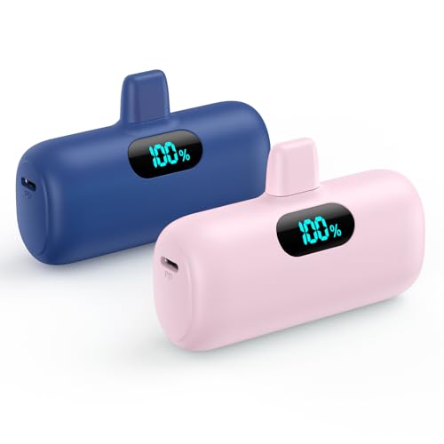 [2 Pack] Small Portable Charger for iPhone,Upgraded 5000mAh PD Fast Charging Power Bank, LCD Display Cute Mini Battery Pack Compatible with iPhone 14/14 Pro Max/13/13 Pro/12 Pro/11/XR/X/8,Blue+Pink - color: Pink+Blue
