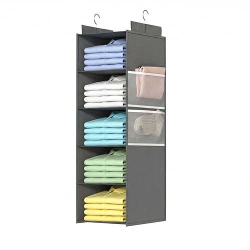 Deep Hanging Closet Organizers and Storage, Closet Hanging Storage Shelves with 5 Shelves and 4 Mesh Pockets, Heavy-Duty Closet Organizer for Clothes, Hats, and RVs and Dorm Essential,1-Pack, Grey