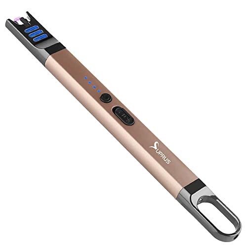 SUPRUS Candle Electric Arc Lighter Windproof Flameless USB Rechargeable Lighter with LED Light for Candle Camping BBQ Cooking (Champagne Gold) - color: Champagne Gold