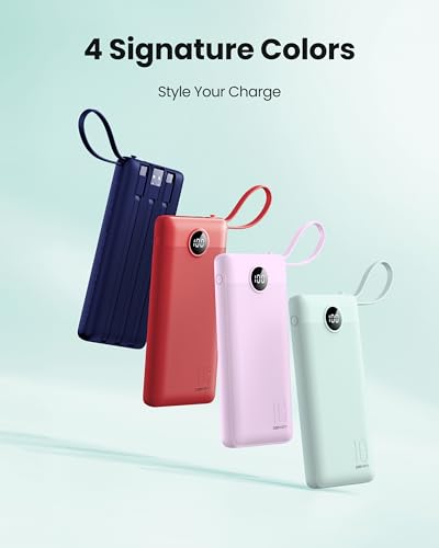 Portable Chargers 10000mAh, Slim Travel Essentials Power Bank, 5 Outputs 2 Inputs LED Display External Battery Pack with Built-in Cables Compatible with iPhone/Android & More (Teal) - color: Teal