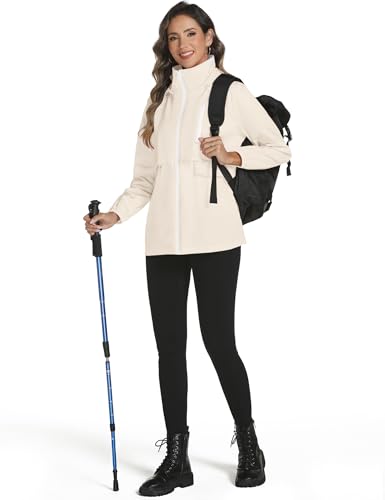 Avoogue Rain Jacket Women with Hooded Waterproof Raincoats - color: Beige, size: Large