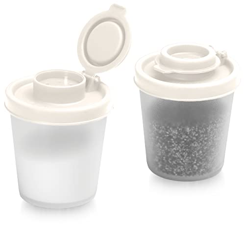 SIGNORAWARE Salt and Pepper Shakers Moisture Proof Set of 2 Medium Salt Shaker to go Camping Picnic Outdoors Kitchen Lunch Boxes Travel Spice Set Clear with White Lids Plastic Airtight Dispenser - size: Medium