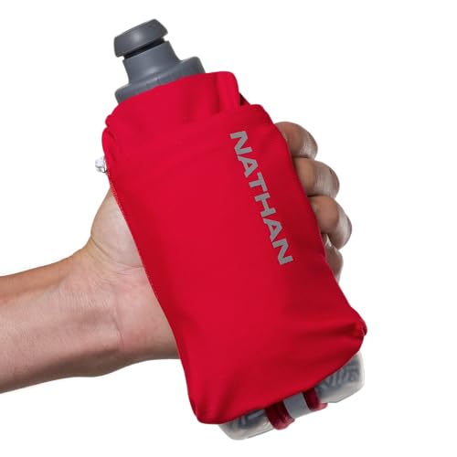 Nathan SpeedDraw 2 Insulated Handheld Running Water Bottle Flask – Double-Wall Insulation, Ergonomic Grip, Blast Valve Cap, Phone & Key Storage Pockets, Reflective Design - 12oz Insulated - Ribbon Red - color: Ribbon Red 12oz Insulated