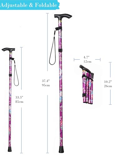Folding Lightweight Walking Stick - Adjustable Aluminum Metal Collapsible Travel Cane with Non-Slip Rubber Base - color: Purple Floral