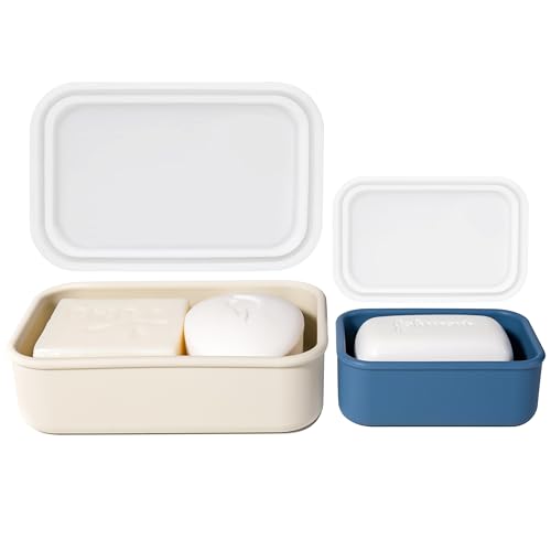 2PC Portable Leakproof Travel Soap Case, Silicone Travel Soap Case, Compact Soap Holder with Drainage Layer, Travel Soap Holder for Camping, Gym, Outdoor milkywhite&darkblue - color: Milkywhite&darkblue