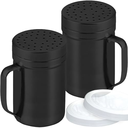 CUSINIUM 14oz Black Stainless Steel Salt Pepper Dredge Shakers - With Plastic Cap - With Handle - Pack of 2 - color: Black, size: 14 Oz