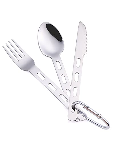 Camp Flatware Sets- Stainless Steel Spoon Fork Knife - Matching Matching Quick Hook - Ultralight Utensils for Backpacking/Hiking/Camping - 3.5oz