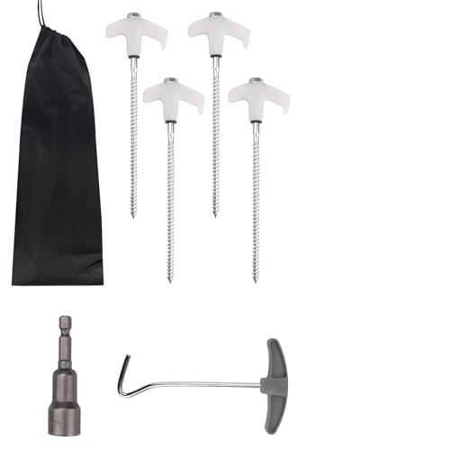 4 Pcs Tent Stakes Heavy Duty, 8 in Ground Anchors Screw in, Grow in the Dark Screw in Tent Stakes, Camping Stakes with Storage Box, Threaded Tent Spikes with Hex Head Driver and Stake Puller - color: Luminous White 4 pcs