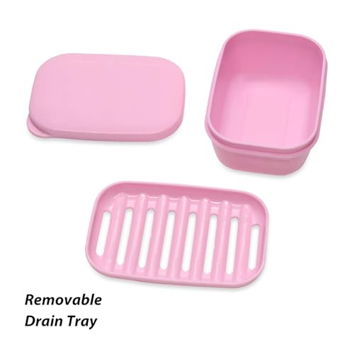 3 Pack Travel Soap Case with Lid, Leakproof Travel Soap Container, Portable Soap Holder with Removable Drain Tray for Home, Bathroom, Hiking, Camping, Outdoor (Blue, Pink, Green-n)