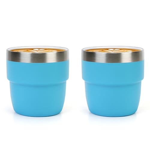 Zenbo 4 oz Espresso/Coffee Cups, Ceramic-Lined Double Wall Vacuum Insulated 18/8 Stainless Steel, Stackable & Dishwasher Safe, Space-Saving, Compatible with Most Espresso & Coffee Makers, 2 Pack - color: Vivid Sky Blue
