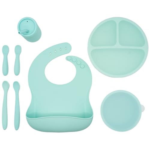 WeeSprout Baby Led Weaning Bundle, Silicone Suction Bowl, Spoons, Bib & Cup, Develops Self Feeding Skills, Dishwasher Safe (Mint) - color: Mint