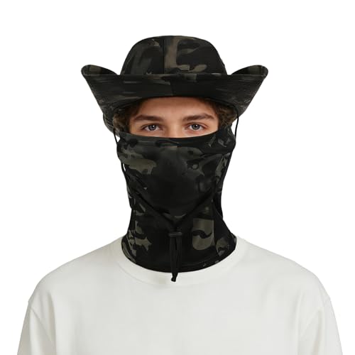2PCS Camo Boonie Hat Balaclava Face Mask Wide Brim Sun Hat for Hunting Hiking Bucket Cap with Adjustable Strap - color: Black
