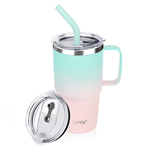 Sursip 24 oz Insulated Tumbler with Handle Lids and Straw - color: Green＆Pink