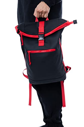X RAY Roll Top Laptop Backpack for Men Women, PU Leather Expandable Roll Up Backpack Capacity Adjustable 22L & Fits 15.6" Laptop, Black/Red - color: Black/Red