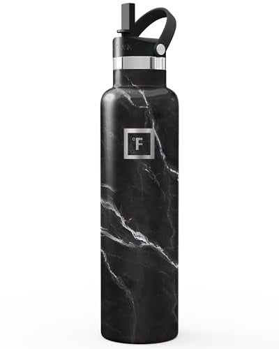 IRON °FLASK 24 oz Narrow Mouth Water Bottle with Straw - color: Black Marquina, style: Straw - 24 oz (1 Lid)