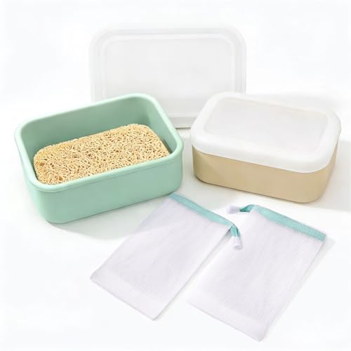 Travel Soap Dish 2pcs - PYRRHIC Leakproof Travel Soap Case with Draining Layer Portable Silicone Soap Container Portable Soap Dish for Bathroom Shampoo Bar Gym Camping (Mint Green & Beige)