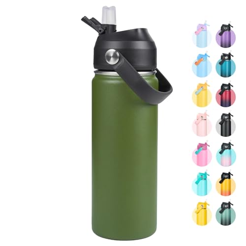 Fijinhom 18oz Insulated Stainless Steel Water Bottle, Wide Mouth Double Wall Vacuum, Silicone Straw, Sweat & Leak Proof, BPA Free Insulated Water Flask for Travel, Keep Cold 24h Hot 12h, Green - color: Green, size: 18 Ounces