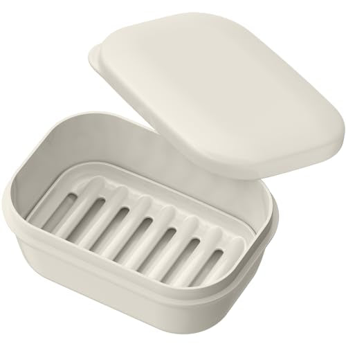 Quatish Leakproof Soap Dish with Lid & Draining Layer, Shatterproof Travel Bar Soap Holder Case Container, Portable Travel Size Toiletries Essentials for Camping, Gym, Bathroom, Beige - color: Grey, size: Medium