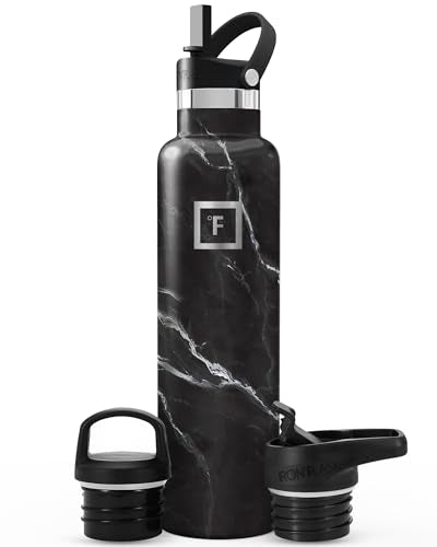IRON °FLASK 24 oz Narrow Mouth Water Bottle with 3 Lids - color: Black Marquina, style: Straw - 24 oz