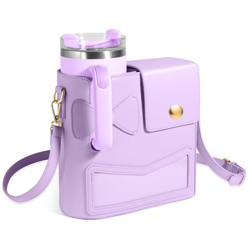 Crossbody Bag for Stanley Cup Purse, Outdoor Portable Water Bottle Holder with Adjustable Shoulder Strap - color: Purple