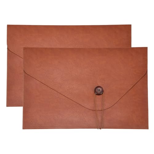 PATIKIL 2Pcs Leather Folder, 14x10 Leather Document Holder File Folder PU Pouch Bag Portfolio File Organizer Button Personal Envelope Waterproof for Traveling Office Men Gift, Brown - color: Brown