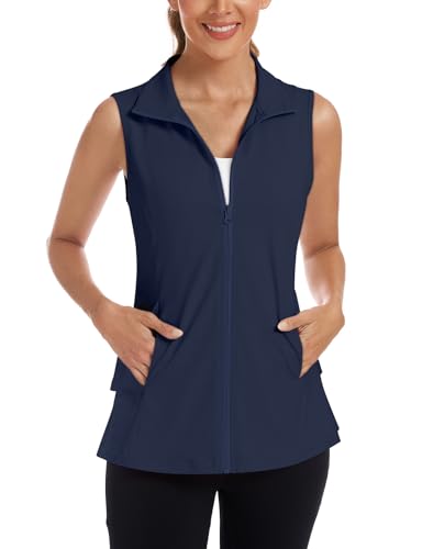 LURANEE Women's Golf Vest with Pleated Tennis Skirt Hem Lightweight Full Zip Sleeveless Athletic Shirts with Pockets - color: Navy, size: Small