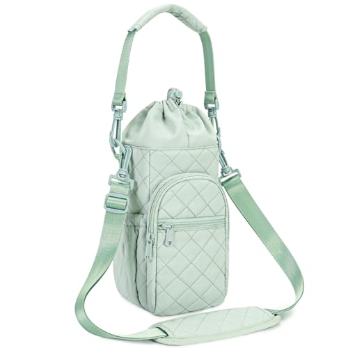 sportsnew 40oz Insulated Crossbody Water Bottle Bag Gym Hiking Phone Pocket | Water-resistant Lining, Padded Strap, Top Handle, Drawstring, Phone Pocket, Elastic Slots, Built-In Key Clip for Gym Walking - color: Quilt Green