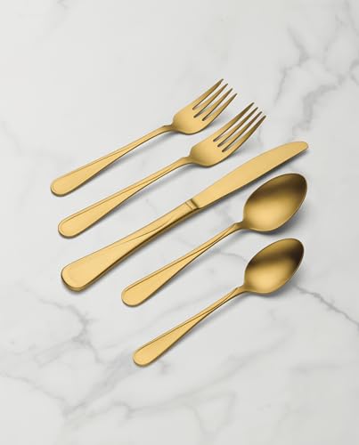 Oneida Flight Gold Satin 20-Piece 18/0 Silverware Set for 4, Flatware | satin finish, dishwasher safe | includes knives, forks, and spoons | heavy duty, cutlery set for kitchen and dining, utensils - style: 20-Piece Flatware Set, Gold