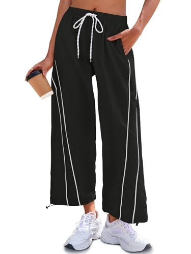 Fisoew Womens Baggy Wide Leg Casual Elastic Waist Cropped Pants - color: Black, size: X-Large
