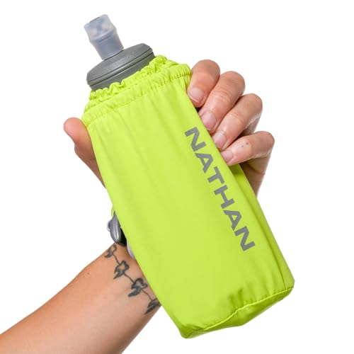 Nathan Handheld Soft Flask 18oz - Exo-Draw Insulated Collapsible Bottle - Grip-Free Strap & Rigid ExoSpine for Comfort/Support - Breathable Mesh Strap - Ideal Running/Hiking, Pinnacle, Lime Green - color: Lime Green, style: 18oz Insulated