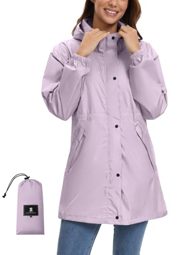 SaphiRose Women's Lightweight Long Rain Jacket Packable Raincoat Hooded Outdoor Trench Coats - color: Light Purple, size: XX-Large