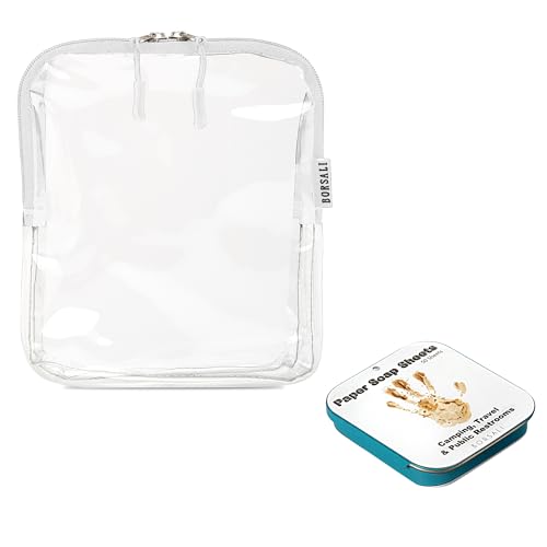 BORSALI White TSA Approved Clear Toiletry Bag Quart Size for 3-1-1 Liquids & Other Items + Paper Soap Sheets for Travel Comes in 1 Case with 50 Sheets