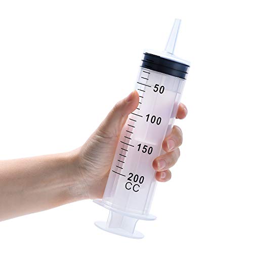 5 Pack 200ml Syringe with Cap, Individually Sterile Sealed Large Plastic Syringes for Scientific Labs, Liquid Measuring, Pet Feeding, Oil Transfer, Glue Dispensing and Plant Care - size: 200 ml