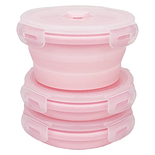 CCyanzi 3piece Round Collapsible Bowl with Lids, Silicone Food Storage Containers, Microwave & Freezer Safe, Space Saving for Kitchen Cabinet and Camping Backpack,(Pink) - color: pink