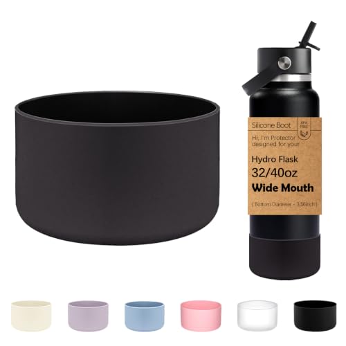 WK IEASON Protective Silicone Base Boot for Hydro Flask Wide Mouth Water Bottle, Anti-Slip Silicone Sleeve Cover Bumper for Hydro Water Bottle Accessories -3.56inch Bottom Diameter - color: Black, size: 40 Ounces
