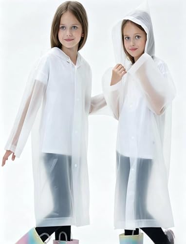 2 Pack Raincoats for Kids, Reusable Rain Ponchos with Hood and Sleeves Rain Coats for Boys and Girls - color: A-white