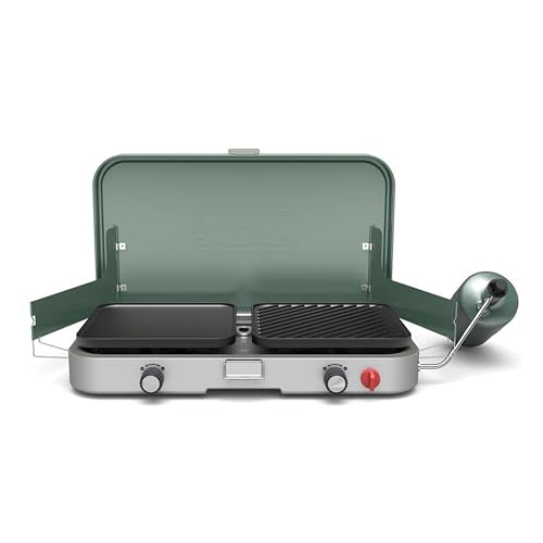 Coleman Cascade 3-in-1 Outdoor Camp Stove, Portable Cooktop with Included Cast-Iron Grill & Griddle Accessories, 24,000 BTUs of Power for Camping, Tailgating, Grilling - size: 2-burner w/ accessories