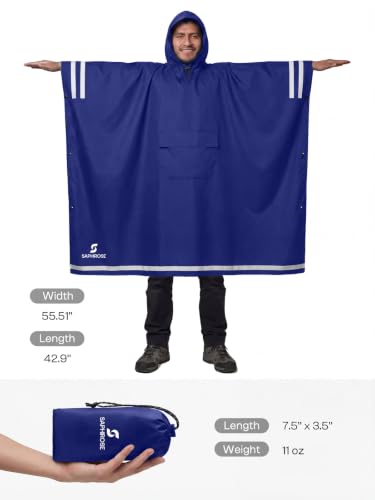 SaphiRose Hooded Rain Poncho Waterproof Raincoat Jacket for Men Women Adults - color: Deep Blue03 (With Reflective Stripes)