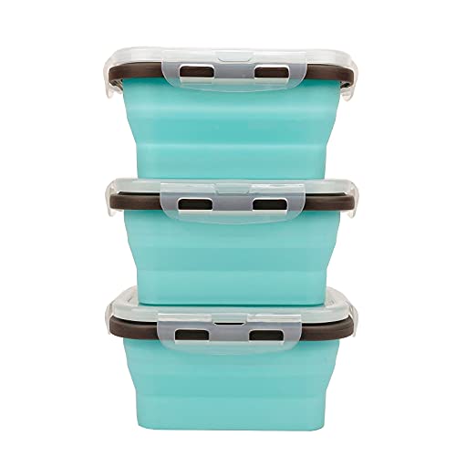 CCyanzi 3piece Collapsible Food Storage Containers with Lids, Silicone Lunch Container, Microwave & Freezer Safe, Space Saving for Kitchen Cabinet and Camping Backpack,(blue gray) - color: blue with gray