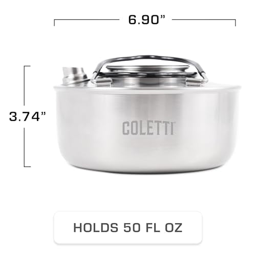 COLETTI Boston Stovetop Kettle — Stainless Steel Camping Kettle, Compact Camp Tea Pot – NO Aluminum or Plastic [50 fl. oz, Stainless Steel]